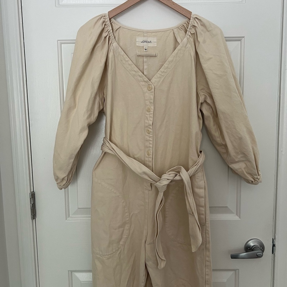 The Great cream jumpsuit small medium balloon sleeve pockets